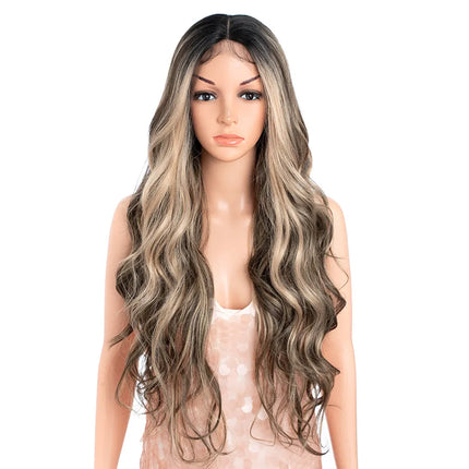 FASHION IDOL 28 Inch Body Wave Lace Front Wigs Synthetic With Baby Hair Wigs For Women Ombre Blonde Higlight Lace Wigs Cosplay
