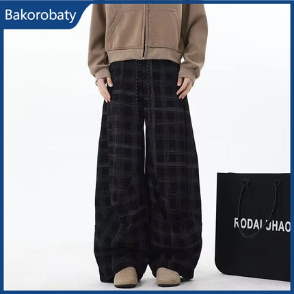 Spring Casual Plaid Striped Straight-leg Pants For Man High Street Fashion Corduroy Drawstring Trousers Y2K Retro Sweatpants