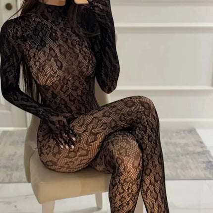 Toucheart Erotic Mesh Bodysuit Leopard Print Hollow Out Sexy Uniform Women Body Shaping See-through Seductive Hot Flirt Bodysuit