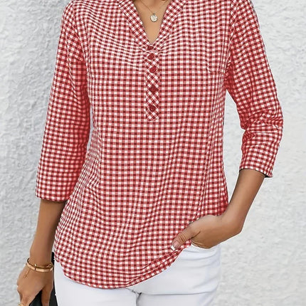 Plus Size Spring Autumn Women Fine Plaid Fashion Long Sleeve V-Neck Blouse Slim Fit Temperament Top Belly Covering Small Shirts