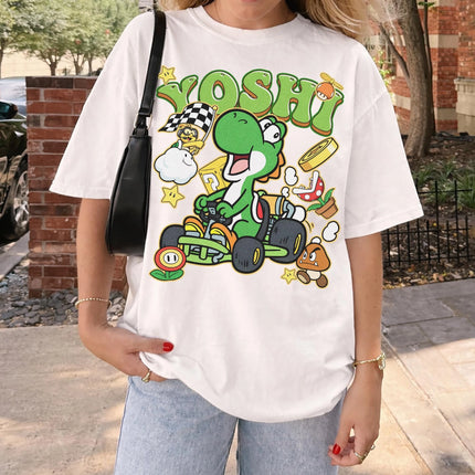 Retro Yoshi Racing Kart T-shirt Super Mario Inspired Tee 2026 Summer New Men Woman Cotton Overszied T-shirts Street Vintage Y2K