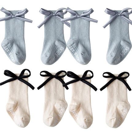 1/4pairs 0-2Y Cute Baby Girls' Cotton Mid-calf Socks Solid Bowknot Non-slip Sockens Toddler Kids Spring & Autumn Newborn Socks