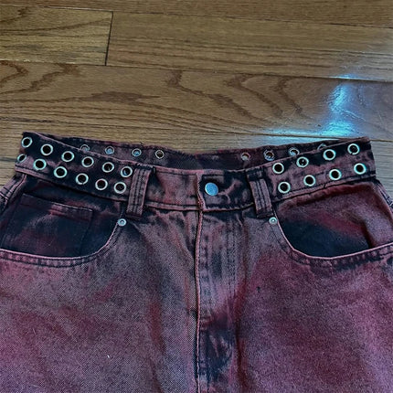 Y2K Casual Loose Jeans Vintage Letter Print Rivet Waist Belt Design Red High Waist Wide Leg Jeans Men Women Hip Hop Streetwear