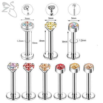 ZS 6-13PCS/LOT 16G Stainless Steel Lip Labret Piercing Set Crystal Monroe Lip Stud Ear Tragus Helix Cartilage Piercing 6/8/10mm