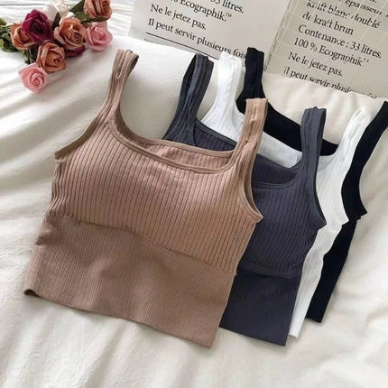 Summer Crop Top Women Seamless Square Collar Wide Straps Tank Top Knitted Striped Camisole Solid Corset Top Female