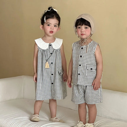 RAISE 2026 Summer Children Outfit Muslin Peter Pan Collar Kids Girls Sleeveless Dress Thin Plaid Tank Top Vest+loose Shorts Suit