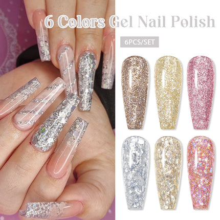 7PCS/SET Glitter Nail Polish,Sparkly Shiny UV LED Soak Off 6Colors Gel Polish Kit Home DIY Manicure Nail Salon Varnish With Tool