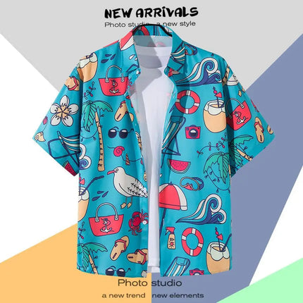 New Summer Casual Short Sleeved Shirt Korean Version Fashionable Men's And Women's Loose Collar Hawaiian Seaside Flower Shirt