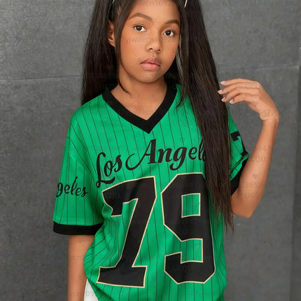 Girls Casual Sports Style Los Angeles NO.79 Print Short Sleeve V-Neck Women's Children Men's T-shirt Tops