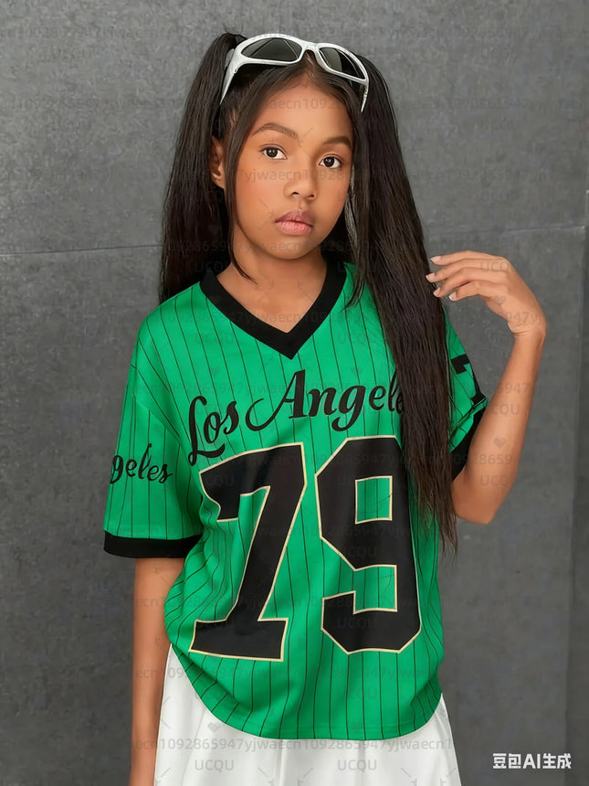 Girls Casual Sports Style Los Angeles NO.79 Print Short Sleeve V-Neck Women's Children Men's T-shirt Tops