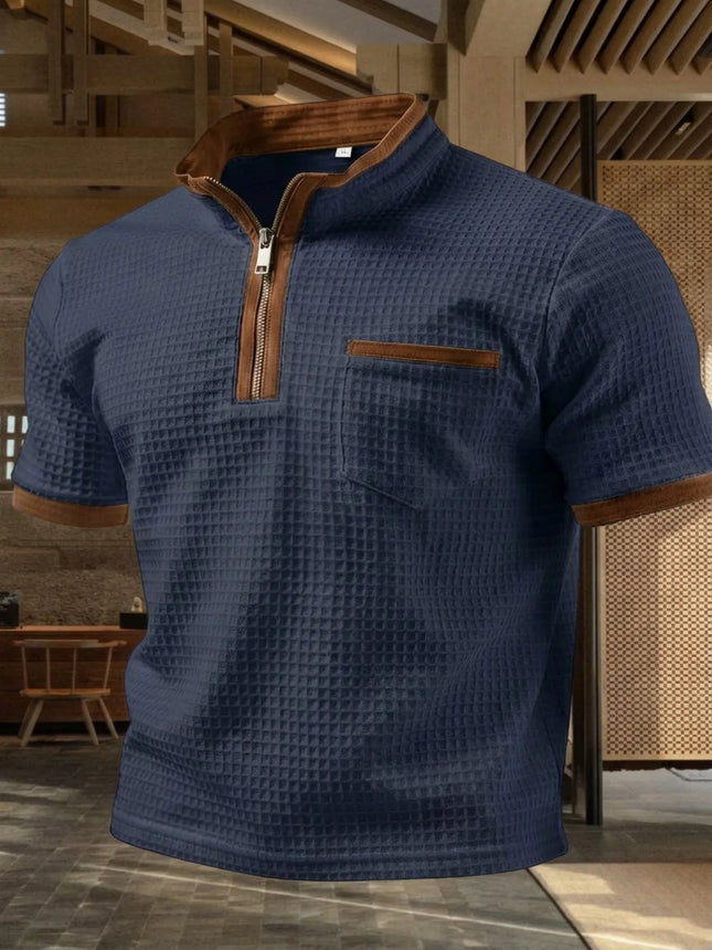 Men's Solid Zipper Social Polo Shirts for Men Summer Henry Collar Short Sleeve Golf Personality Casual Breathable Sports Top