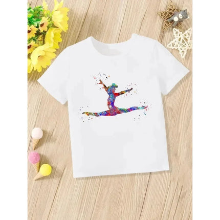 Summer Dancing Girl Pattern Print Children's Short Sleeved Shirt Kids Fashion Cotton T-shirt Girls Comfortable Leisure Tee Tops