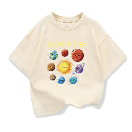Kids Pure Cotton T-shirt Solar System Graphic Printing Summer Children's Loose Short-sleeved Tees Boys Girls O-Neck Tops