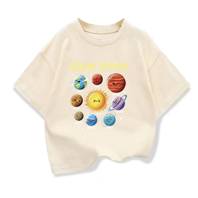 Kids Pure Cotton T-shirt Solar System Graphic Printing Summer Children's Loose Short-sleeved Tees Boys Girls O-Neck Tops
