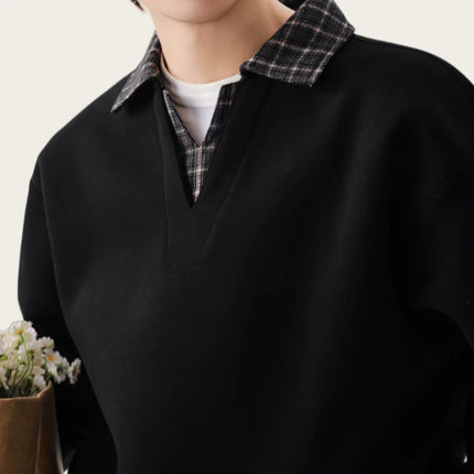 Retro Plaid Polo Neck Sweatshirt for Men and Women Heavyweight Cotton Soft Fake Two-Piece V-Neck Long Sleeve