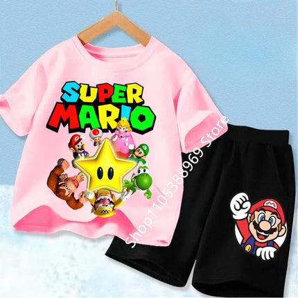 Super Marios Printed Kids Tracksuit Set Short Sleeve T Shirt & Loose Shorts 2PCS Casual Outfit For Boys And Girls Age 3-12