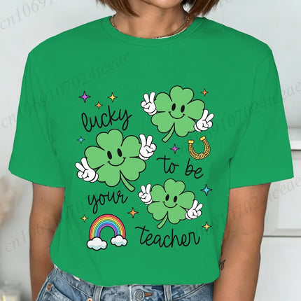 St Patrick's Day Teacher Shirt, Lucky Teacher Women's T-Shirts，Retro T-Shirts，unisex Tops Tees,short Sleeve Women's Clothing