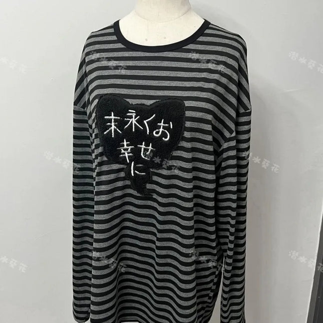 American Punk Vintage O Neck Long Sleeve Shirts All-Match Striped Design Harajuku Embroidery Tops Y2k Aesthetic High Street Tees