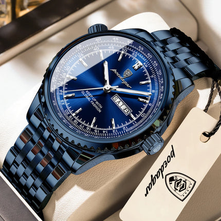 POEDAGAR Fashion Watches For Man Stainless Steel Date Week Quartz Men Clock Waterproof Luminous Luxury Military Men's Wristwatch