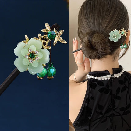 Handmade Hanfu Flower Hairpins Sticks with Tassel Vintage Wood Hair Stick Pins for Women Hair Styling Tools Jewelry Accessories