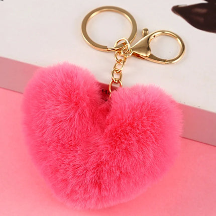 Rainbow Plush Ball Keychain Large Heart Pompom Key Chain for Women Car Bag Pendant Fashion Jewelry Fluffy Love Pompons Keyring