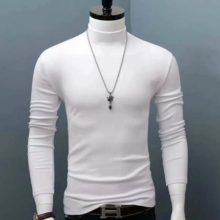 2026 Spring New Men's Turtleneck T-shirt Long Sleeve Slim Fit Solid Color High Elastic Bottoming Pullovers Basic Style Male Tops