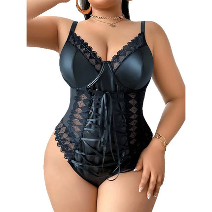 Womens Plus Size PU Leather Lace Patchwork Bodysuit Strap Clubwear Exotic Fetish Bdsm Nightwear Hot Sensual Sexy Jumpsuit XXX