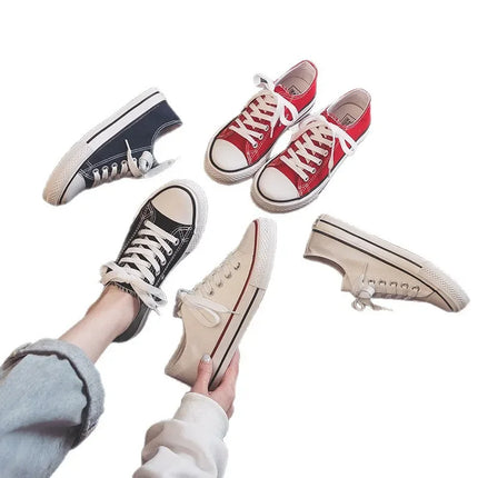 Flat Bottom Canvas Shoes Women's Versatile Low Cut Rubber Sole Pure Color Adult Slip-On Fashion Trendy White Sneakers