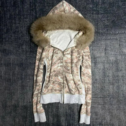 Goth Aesthetic Women Hoodie Harajuku Retro Y2K Emo Girl Fur Collar Cardigan Sweatshirt Rock Punk Hip Hop Casual Loose Streetwear