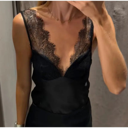 Sexy Black Lace Patchwork Satin Vest Women Elegant Sleeveless See Through V-neck Loose Vests 2025 Lady Vacation Party Chic Wear