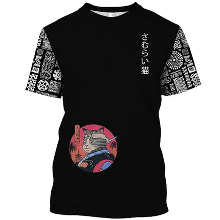 Japanese Samurai Cat Print T Shirt For Men Casual Simplicity O-neck Short Sleeve Fashion Trend Harajuku Streetwear Oversized Top