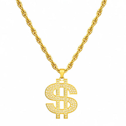 14K Gold Plated Iced Out Dollar Sign Pendant Necklace for Men, Hip Hop Bling Micro Pave CZ Money $ Symbol Chain, Heavy Duty Figaro Link Chain, Luxury Flashy Rap Jewelry Gift for Party Club Birthday