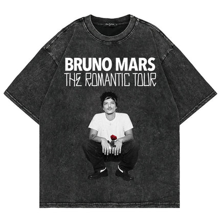 100% Cotton Vintage Washed Bruno Mars The Romantic Tour 2026 T Shirt Fashion Men Aesthetic Oversized Loose Acid Wash Tees Shirts