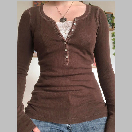 Women's Casual Long Sleeve Tops Autumn Vintage Lace Patchwork 1/2 Button Pullover Shirt Club Streetwear