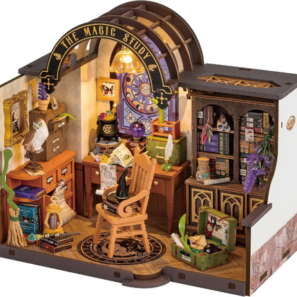Robotime Rolife The Magic Study DIY Miniature House with Many Magic Note Books Dollhouse Decoration 3D Wooden Puzzle DG166