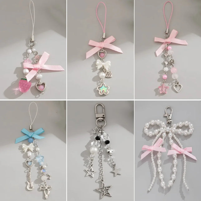 Y2k Fashion Keychain Flower Star Love Bow Strawberry Pendant Acrylic Key Chain Student Women Bag Backpack Keychain  Accessories