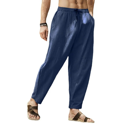 Men's Cotton Linen Pencil Pants Summer Loose Elastic Waist Hip Hop Trousers Solid Color Breathable Casual Joggers