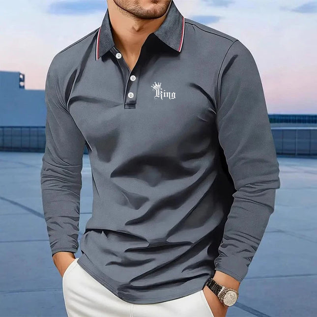 Men's Classic Fit Long Sleeve Polo Shirt with King Logo and Contrast Collar Trim, Premium Comfortable Casual Wear for Men