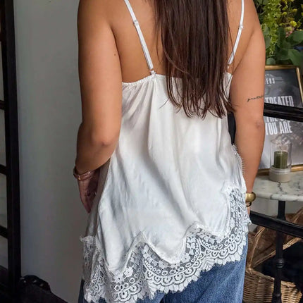 Women Lace Trim Satin Tank Top Sexy Solid V Neck Silk Camisole Top Summer Fashion Asymmetrical Backless Spaghetti Strap Camisole