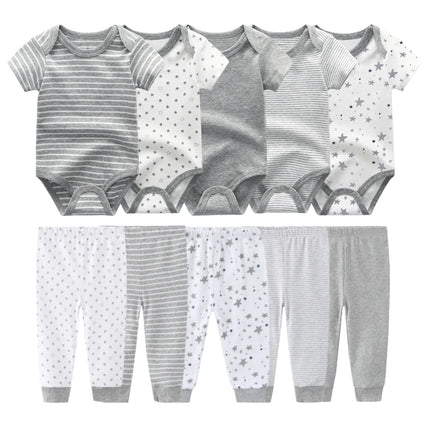 Kiddiezoom 10 Pcs/Lot Four Seasons Fashion Baby Clothing Set Cotton Soft Newborn Bodysuits+Pants Infant Outfit Gift