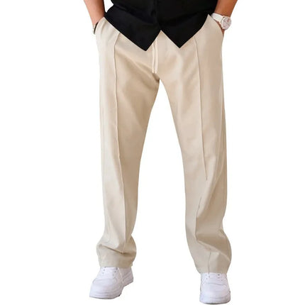 Men Casual LooseStraight Leg Dress Pants Elastic Drawstring Waist Front Seam Plain Wide Leg Trousers Daily Street Vacation Relax