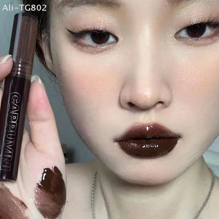 Cappuvini Punk Dark Brown Mirror Water Lip Gloss Waterproof Long-Lasting Liquid Lipstick Tint Red Glaze Transparent Glass
