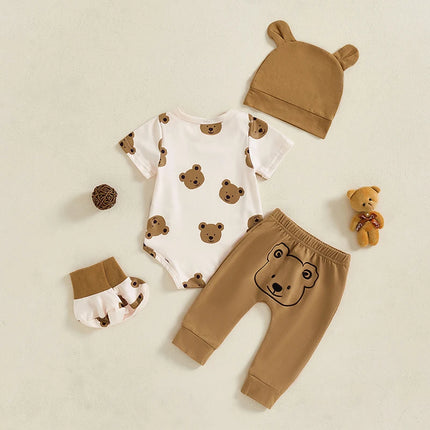 Baby Boy Summer Outfits Bear Print Short Sleeve Round Neck Romper with Pants and Hat Shoes Set