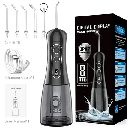 Electric Oral Irrigator 8 Modes Portable Water Flosser Rechargeable Waterproof Mouth Washing Machine 5 Jet Tips 400ML Water Tank