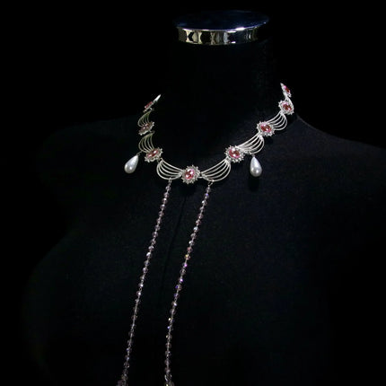 Pink Gemstone Necklace Nipple Clamps Erotic Tassel Body Chain 5 Sizes of Butt Plugs Chest Stimulation Integrated BDSM Restraint