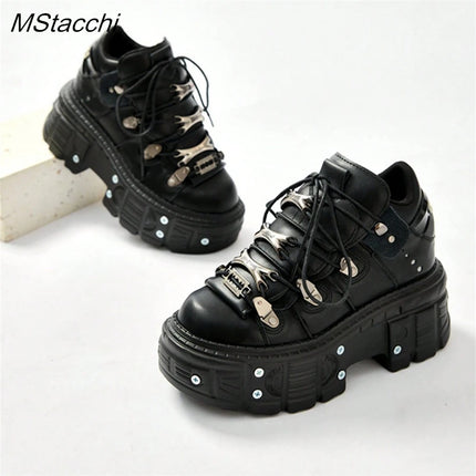 Punk Style Women Black Shoes Rock Metal Decor Lace-up Heel Height Platform Shoes Gothic Man Sneakers Women Ankle Boots 2025 New