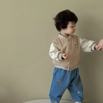 2026 Fall New Toddler Kids Pants Cotton Cartoon Embroidered Harem Pants Baby Boy Casual Striped Denim Baggy Trousers
