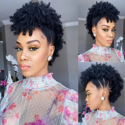 Synthetic High Puff Afro Mohawk Ponytails for Women Mohawk Short Kinky Curly Ponytail Extension Hair Bun with Bangs