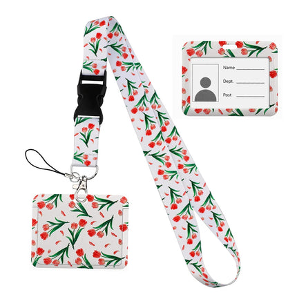 Flower design Lanyard Business Credit horizontal Card Holder Neck Strap Keychain Hang Rope ID Badge Holder Lariat Lasso