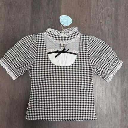 Japanese Gothic Lolita Style Shirts Women Vintage Sweet Y2k Lace Ruffles Short Sleeve Plaid Blouse Girls Casual Tops